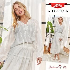 ADORA Embroidered Long Sleeves Drawstring Detail Cotton Peasant Blouse | White